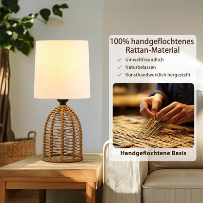 GyroVu Nachttischlampe 2er Set Rattan Boho Tischlampe mit E27 Fassung