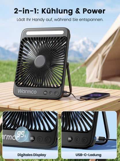 Warmco Akku-Campingventilator D4 mit LED-Lampe, 20000 mAh, leise