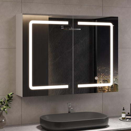 DICTAC Spiegelschrank mit LED-Beleuchtung und Steckdose, 80 cm, weiss, doppeltürig, Wandmontage