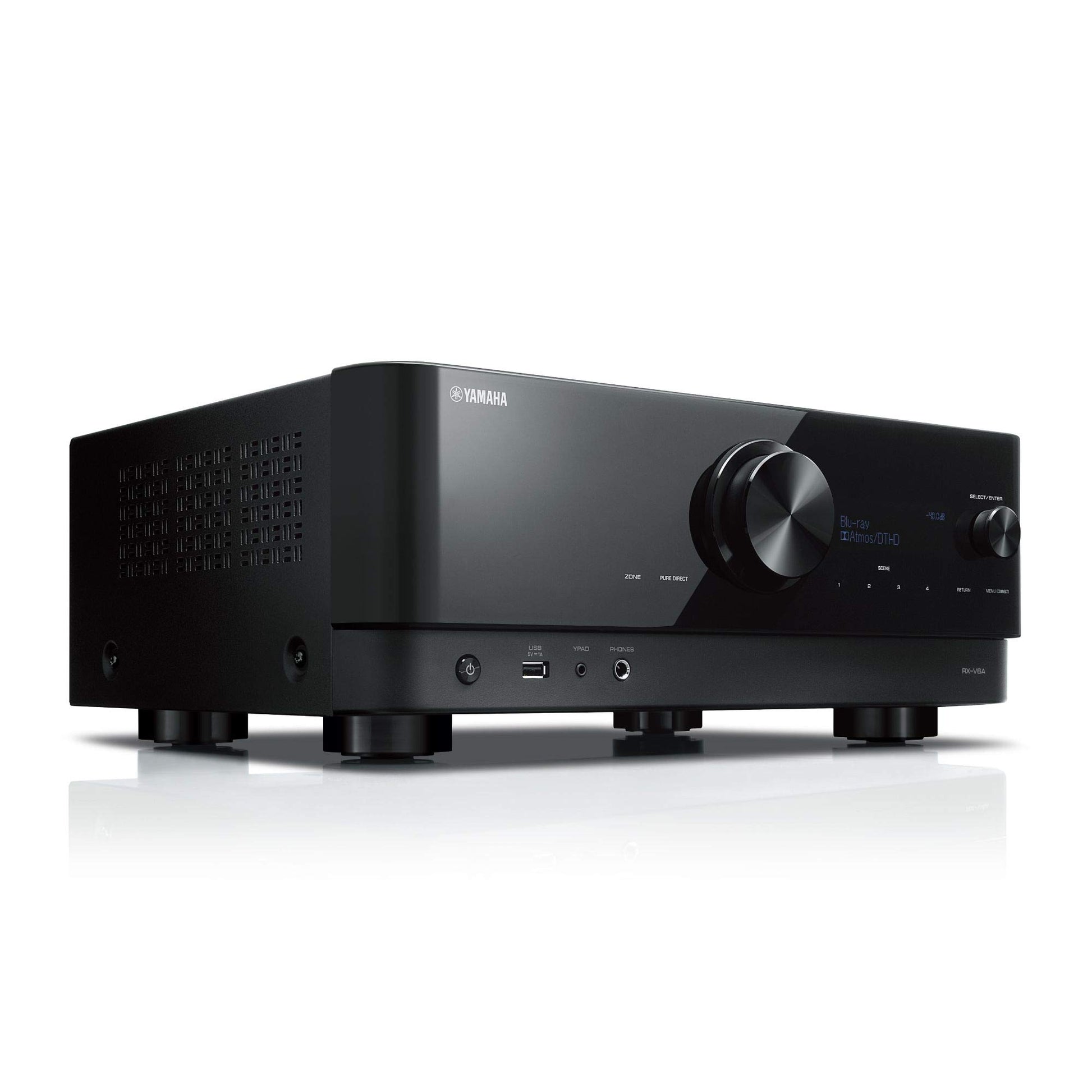 Yamaha RX-V6A Netzwerk-Receiver, schwarzes, rechteckiges Gerät. Verstärkt Audiosignale für ein 7.2-Kanal Dolby Atmos Heimkino.