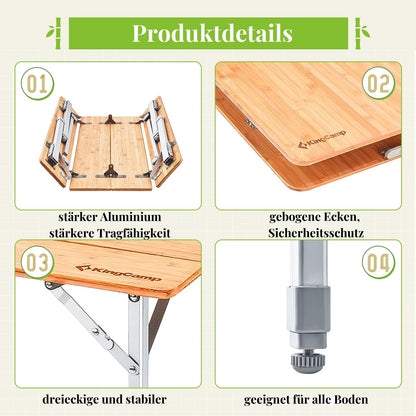 KingCamp Campingtisch Bambus Klapptisch höhenverstellbar – 100x65cm