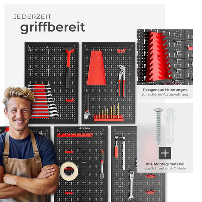tectake Werkzeug-Lochwand aus Metall 200 x 60 cm inkl. Haken-Set