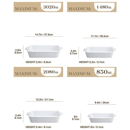 MALACASA Auflaufform Set 4-teilig, Keramik Backformen rechteckig weiss