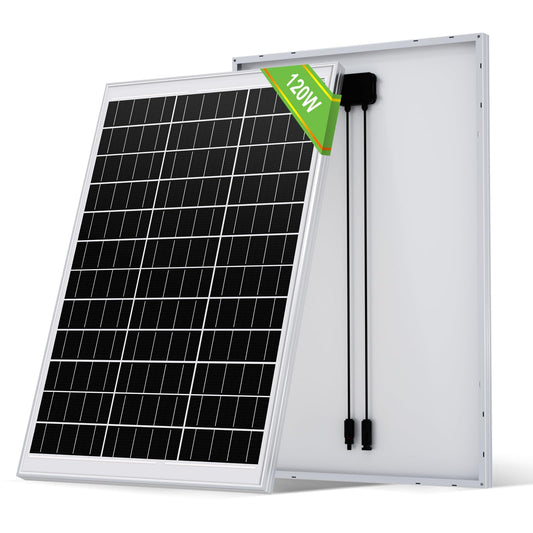 ECO-WORTHY 120W 12V monokristallines Solarpanel Modul, rechteckig, dunkel. Erzeugt aus Sonnenlicht Strom für 12V-Systeme.