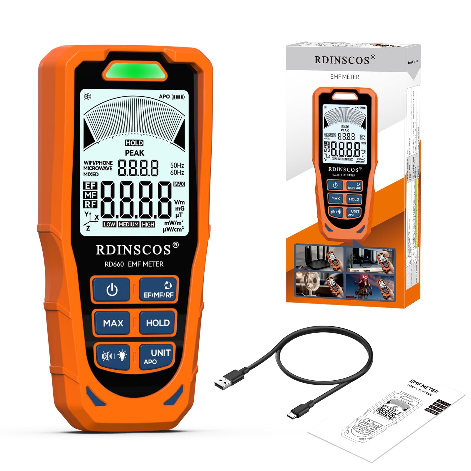 RDINSCOS RD660 EMF-Messgerät 3-in-1 Handheld-Detektor für EF, MF, RF mit 2,9-Zoll-LCD