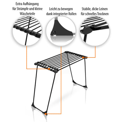 BigDean Wäscheständer Jumbo - Schwarz, dicke Leinen 28m ausziehbar