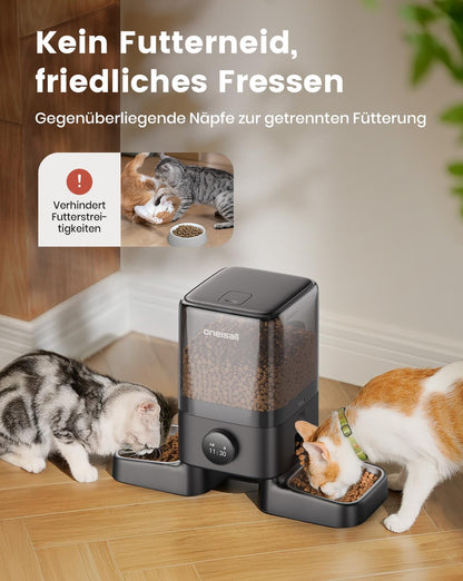oneisall Futterautomat Katzen 5L, 2 Edelstahlnäpfe, 1-6 Mahlzeiten