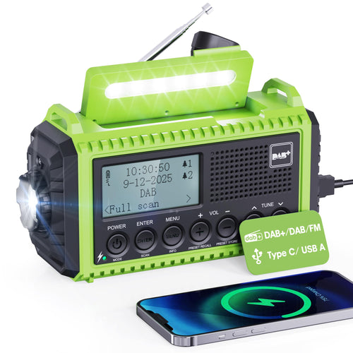 Mesqool CR1009Pro DAB Kurbelradio DAB+/UKW Solar Notfallradio, grün, mit Handkurbel und Solarpanel