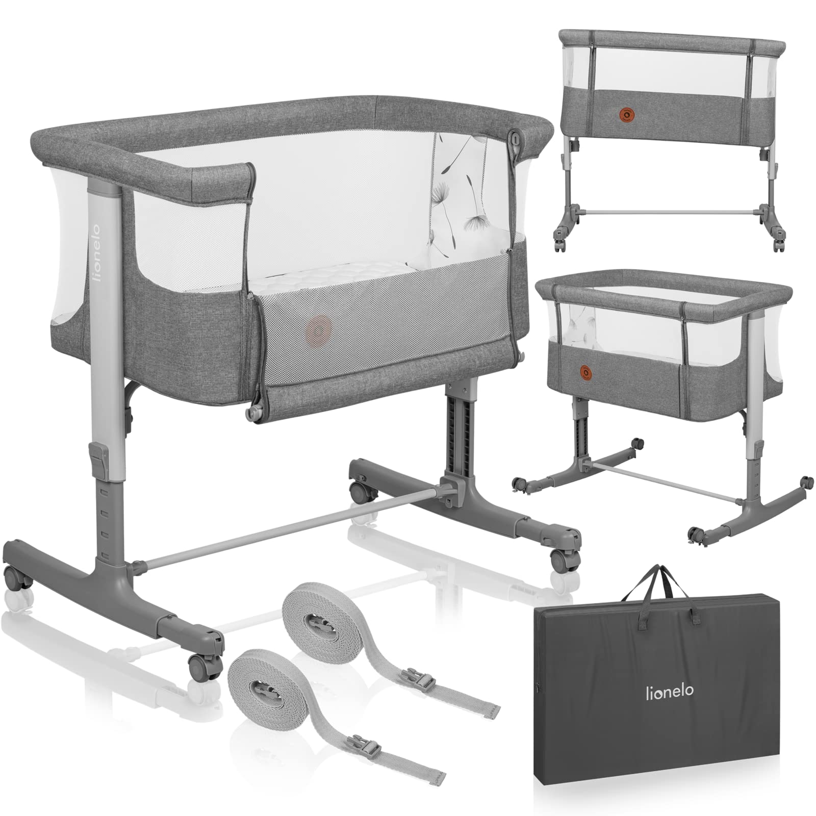 Lionelo Aurora 3-in-1 Babybett & Beistellbett – bis 9 kg. Höhenverstellbares Beistellbett mit Netzseite für sicheren Babyschlaf.