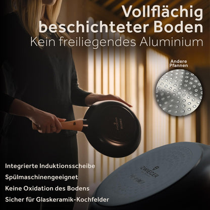 ZWIEGER Keramik Pfannenset ohne PTFE und PFOA – Pfannen PFAS frei, Aluguss, für alle Herdarten (inklusive Induktion) geeignet - Keramikbeschichtung, 28 cm, 24 cm und 20 cm