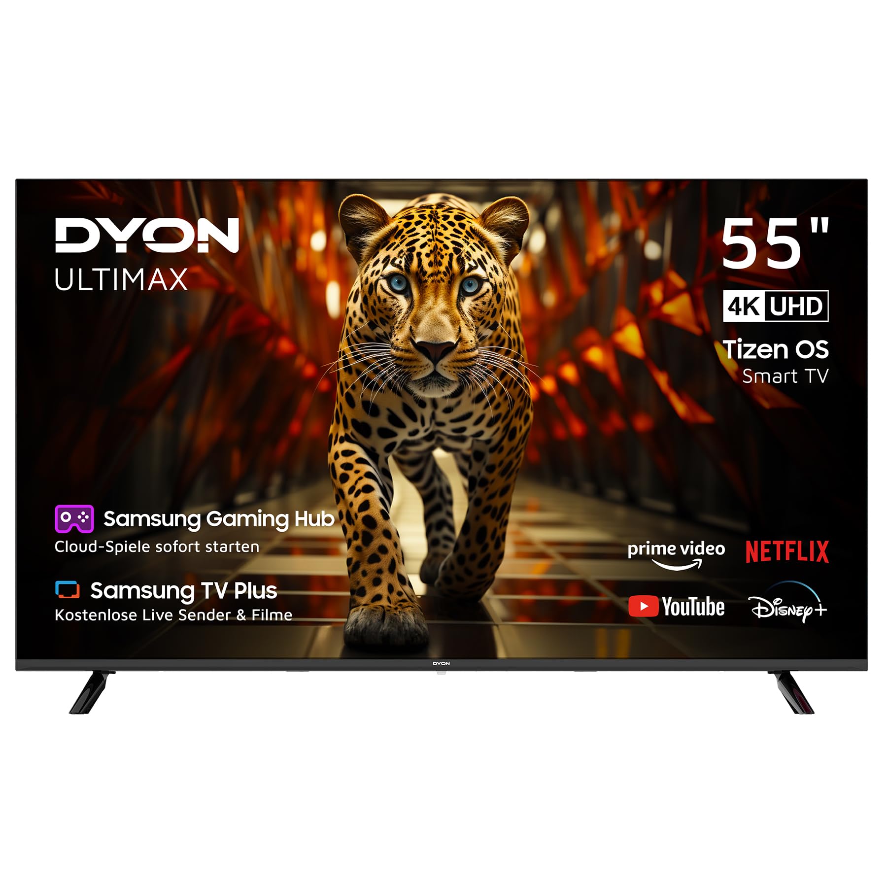 DYON ULTIMAX 55U-TI 55 Zoll 4K Ultra-HD Smart TV mit Tizen OS. Rechteckiger, schwarzer Smart TV mit 4K Ultra-HD Auflösung und Tizen OS.
