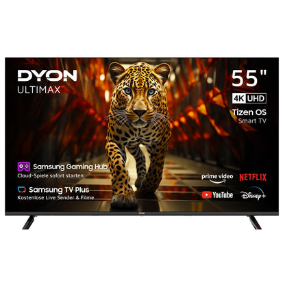 DYON ULTIMAX 55U-TI 55 Zoll 4K Ultra-HD Smart TV mit Tizen OS. Rechteckiger, schwarzer Smart TV mit 4K Ultra-HD Auflösung und Tizen OS.