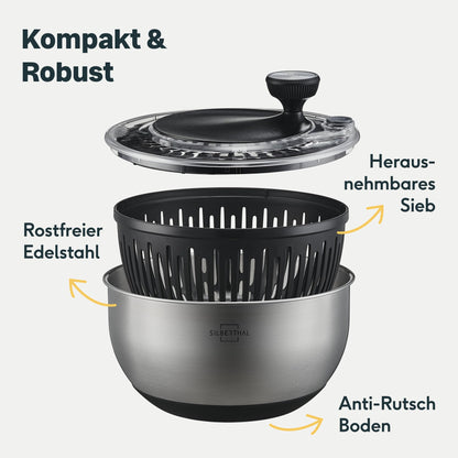 SILBERTHAL Salatschleuder Edelstahl 4,5 l mit Kurbel und Stopptaste
