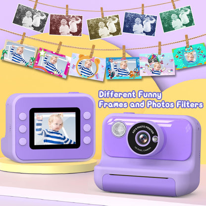 Hangrui H3 Kinderkamera Sofortbildkamera 1080P mit 32-GB-Karte, Lila
