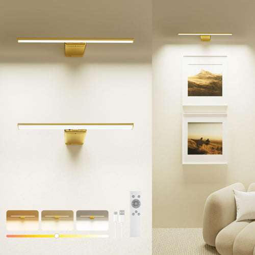 PopoIron WL13 LED Bilderleuchte kabellos mit Akku, Gold, 2 Stück – Wandleuchte für Bilder und Gemälden