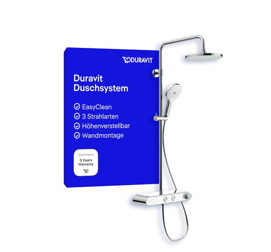 Duravit Duschsystem. Chrom/weißes Duschsystem mit Thermostat und 3 Strahlarten (Rain, Pulse, Mono), Kopfbrause verstellbar.