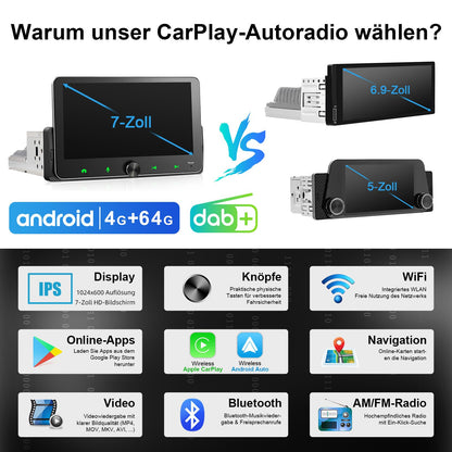 Universal DAB+ Android Autoradio 1Din - 7 Zoll Wireless CarPlay 4G/64G