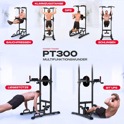 Sportstech 7in1 Power Tower PT300 Dip Station & Kraftturm – Schwarz