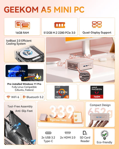 GEEKOM A5 Mini PC mit AMD Ryzen 5 7430U, 16 GB RAM, 512 GB SSD