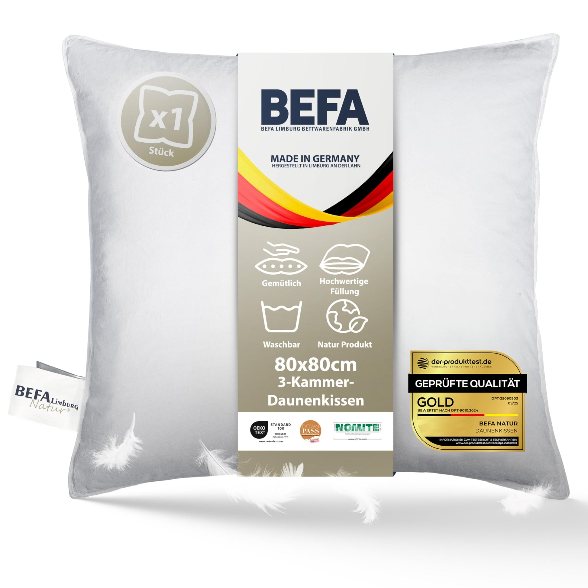 BEFA NATUR Daunenkissen 3-Kammer 80x80 cm - 90% Daunen. Quadratisches, weißes Kissen zur Kopf- und Nackenstütze im Schlaf.