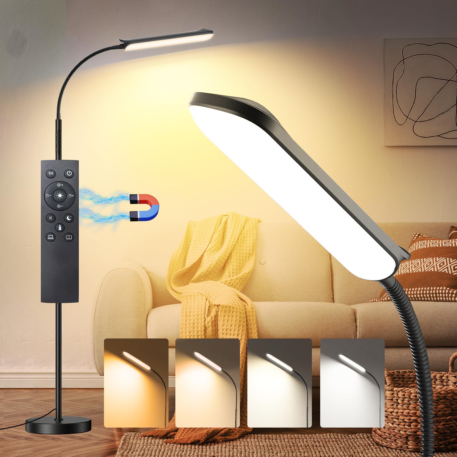 marctronic LED Stehlampe Deckenfluter dimmbar mit Fernbedienung, schwarzer Schwanenhals