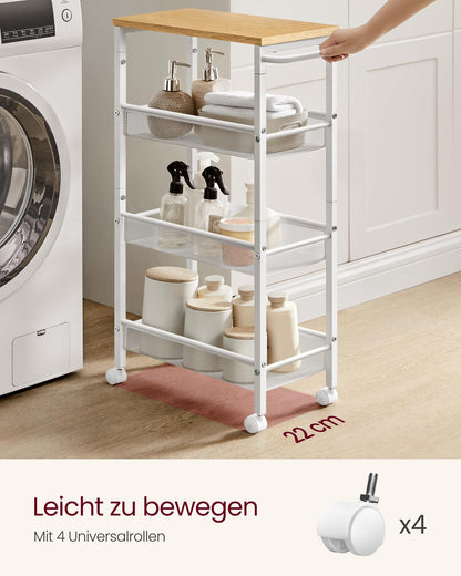 VASAGLE Rollwagen, schmaler Küchenwagen, 4 Ebenen, eichenfarben-weiss