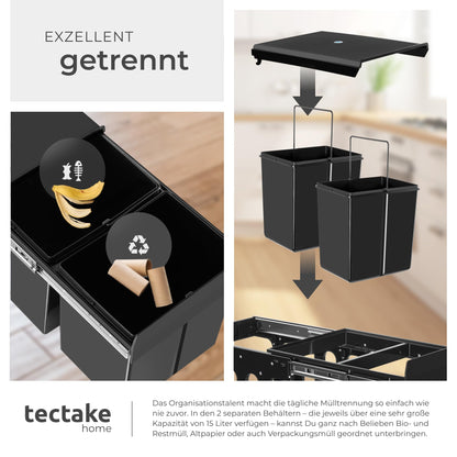 tectake Einbaumülleimer Ashlyn 2 x 15 L, ausziehbar, für Unterschrank