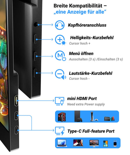 Ingnok YN02D Tragbarer Monitor 15,6 Zoll FHD IPS mit Ständer