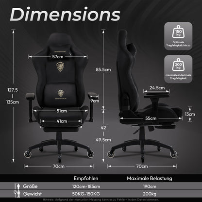 Dowinx Gaming Stuhl ergonomisch mit Fussstütze, 200 kg, schwarz