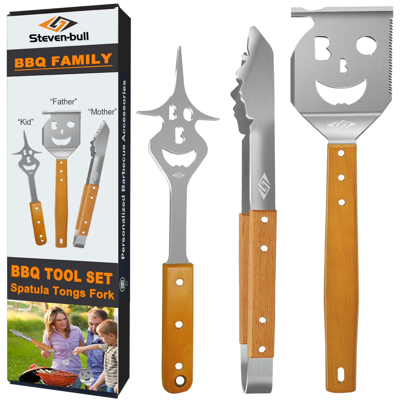 STEVEN-BULL S Grillbesteck-Set 3-teilig, Edelstahl mit Holzgriffen – Grillzange, Grillwender und Fleischgabel