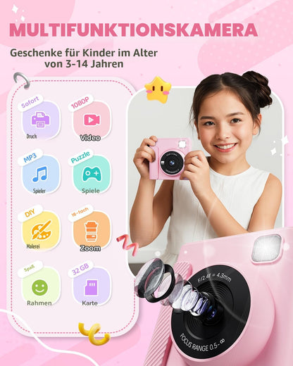 TIATUA Kinderkamera Sofortbildkamera X2 mit 32 GB Karte, rosa