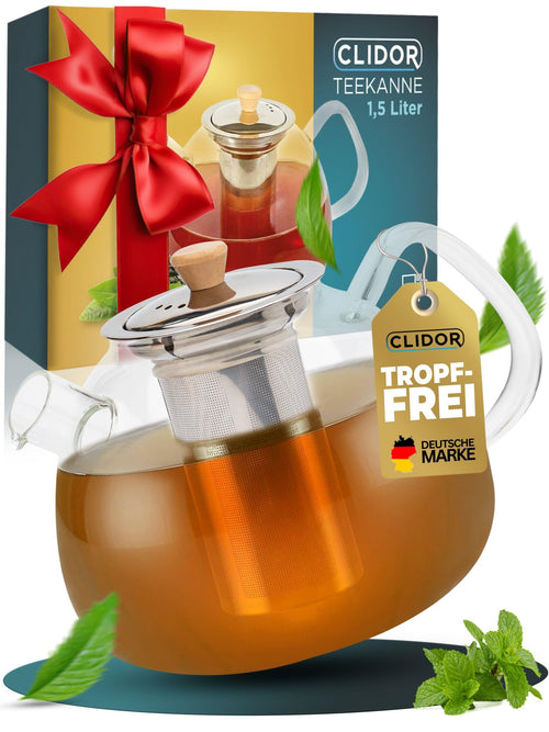 CLIDOR Teekanne mit Siebeinsatz aus Borosilikatglas, 1,5 Liter mit Bambusgriff und Edelstahlsieb