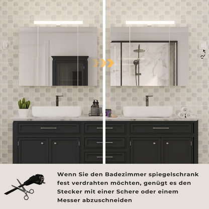 DICTAC Spiegelschrank Bad – 80x60cm Beleuchtung, Steckdose, 3 Türen