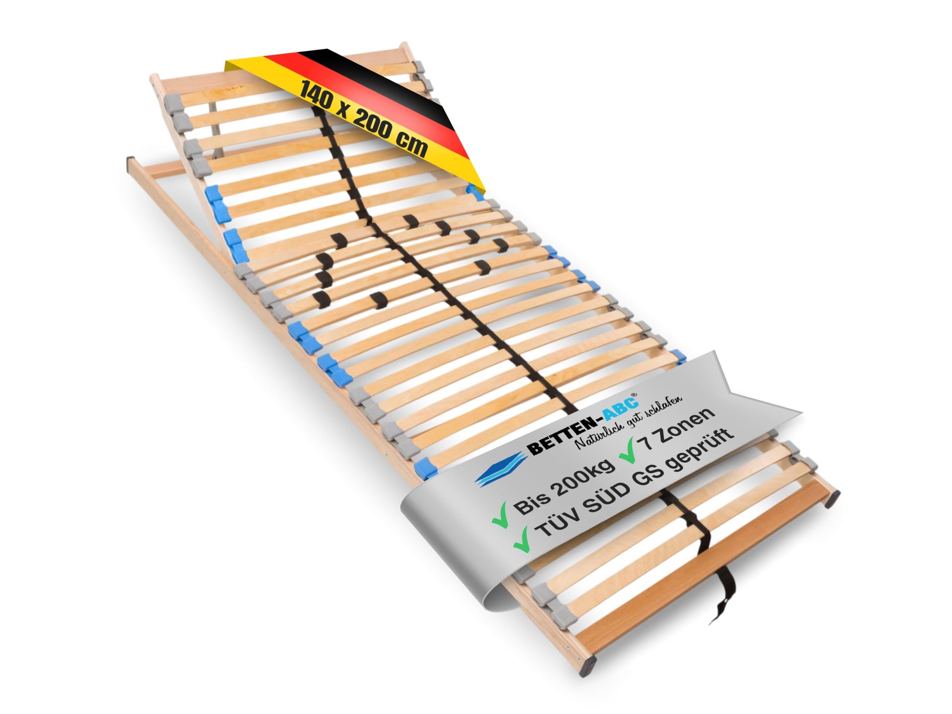 Madera 7 Zonen Lattenrost 140x200 cm Selbstmontage – Kopfteilverstellung. Rechteckiger Rost, Federleisten, stützt Matratze.