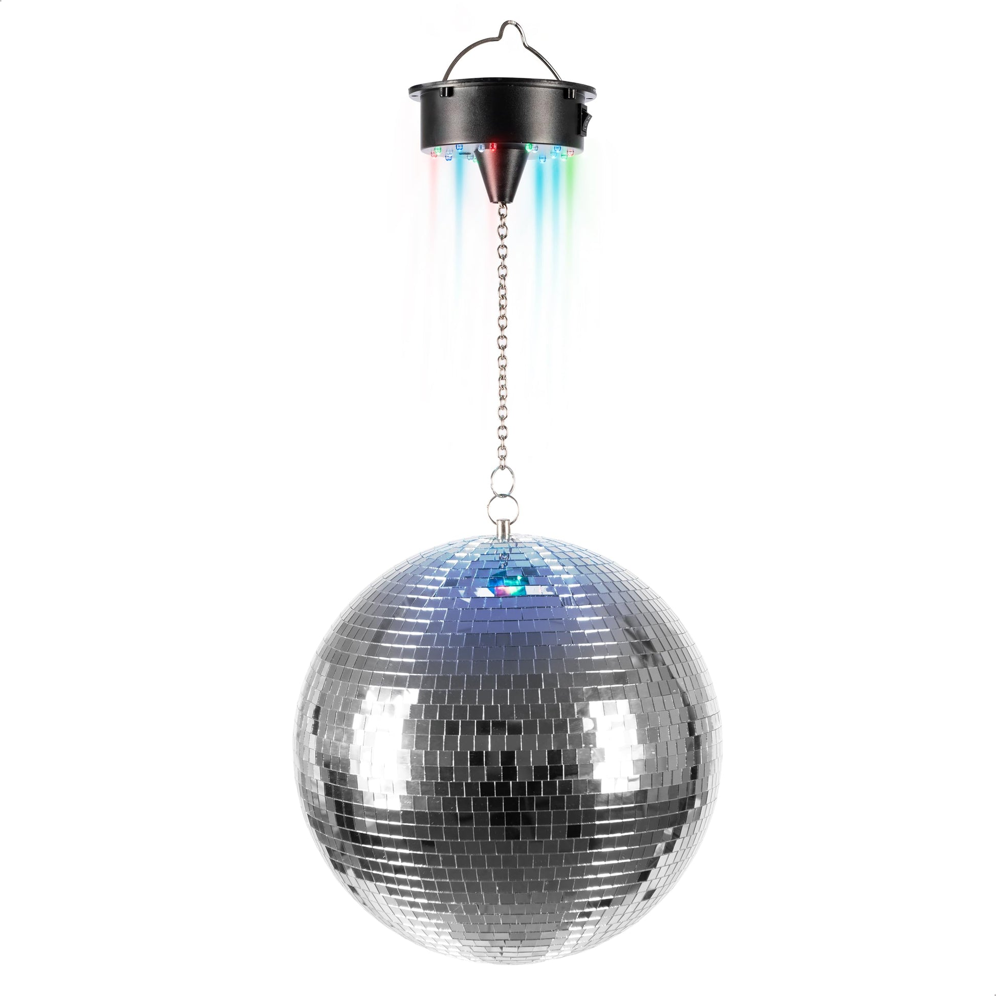 Ibiza DISCO1-30 Facettenkugel – 30cm LED Sockel Batterie. Silberne 30cm Spiegelkugel mit LED-Sockel. Erzeugt Lichtreflexionen für Partys.