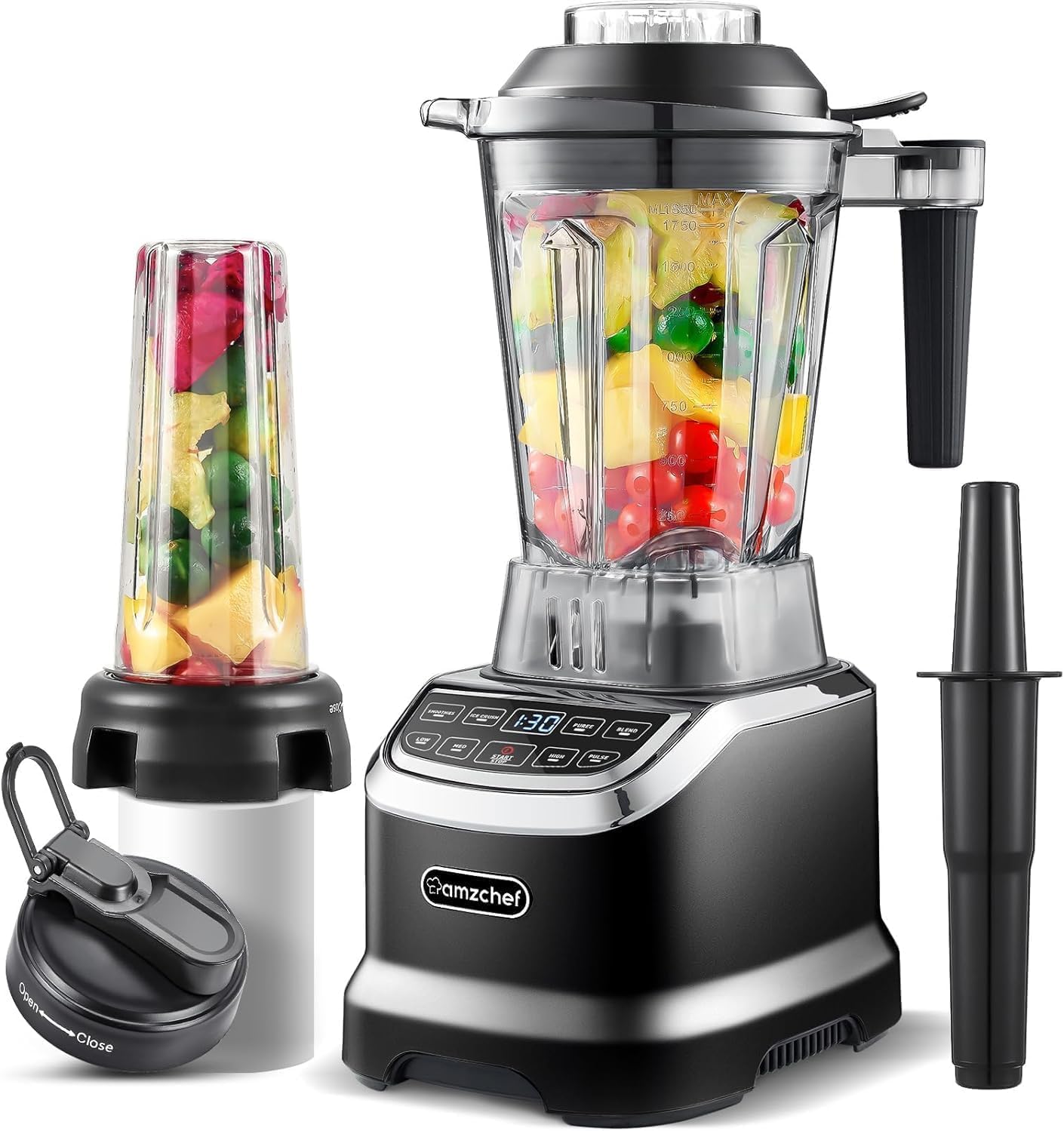 AMZCHEF Hochleistungs Smoothie Maker – 2000W Standmixer LED. Silberner Standmixer mit Glasbehälter und LED-Display. Püriert und mixt Zutaten schnell zu Smoothies.