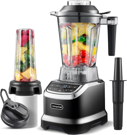 AMZCHEF Hochleistungs Smoothie Maker – 2000W Standmixer LED. Silberner Standmixer mit Glasbehälter und LED-Display. Püriert und mixt Zutaten schnell zu Smoothies.