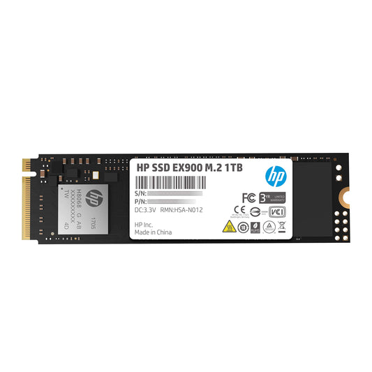 HP EX900 1TB M.2 NVMe SSD: Rechteckiger, schwarzer Speicherchip. NVMe SSD für schnellen Datenzugriff in Computern via M.2-Schnittstelle.
