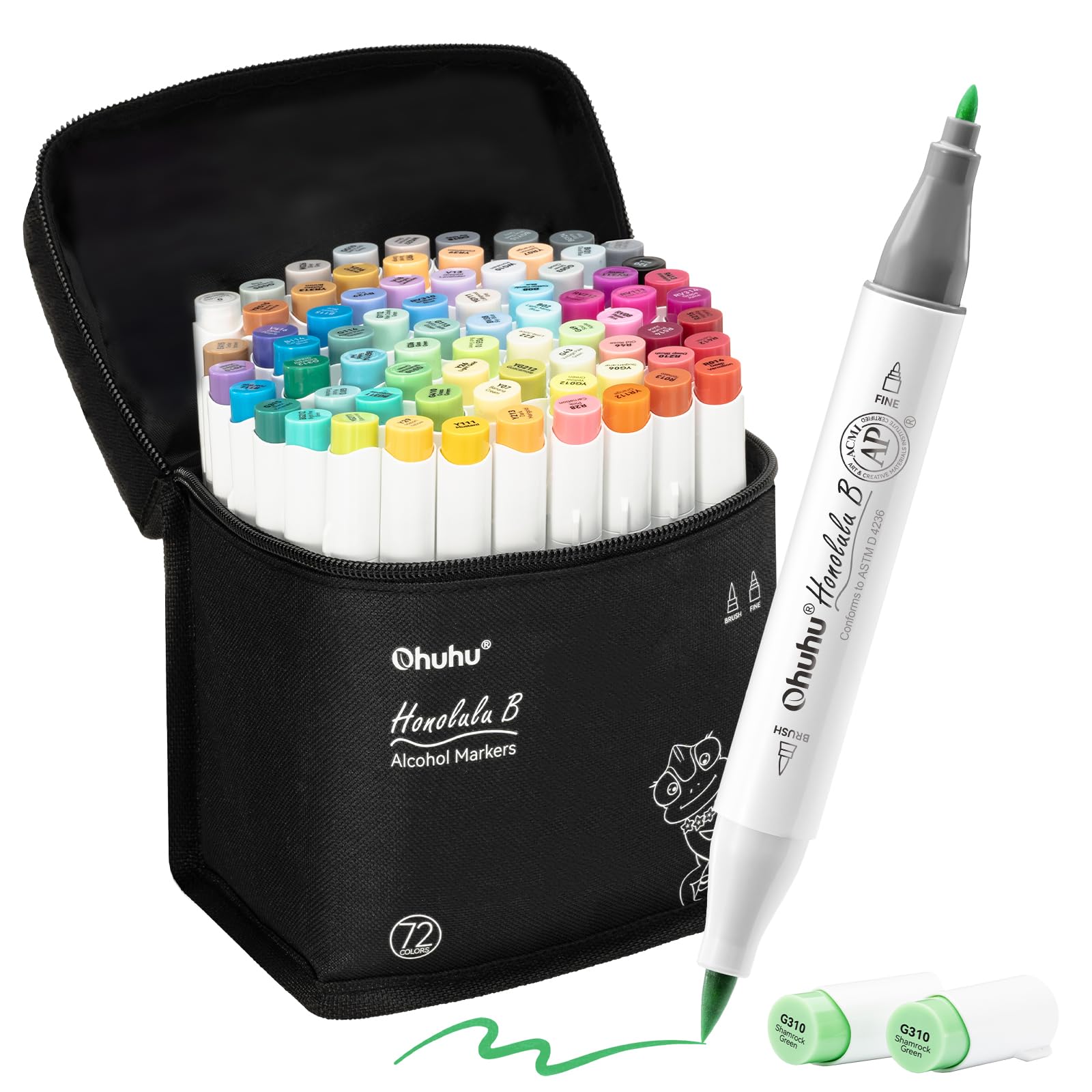 Ohuhu Alkoholmarker Set 72 Farben Pinsel- und Feinspitze nachfüllbar – Marker-Set zum Illustrieren und Kolorieren