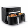 Tefal Dual Easy Fry Heissluftfritteuse Doppelkammer - Schwarz EY9018. Schwarzes Gerät mit zwei Garkammern für gleichzeitiges, fettarmes Garen.