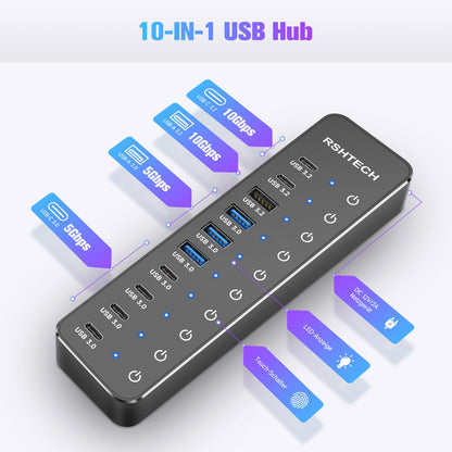 RSHTECH 10 Port USB-C Hub mit Netzteil – USB 3.2/3.0