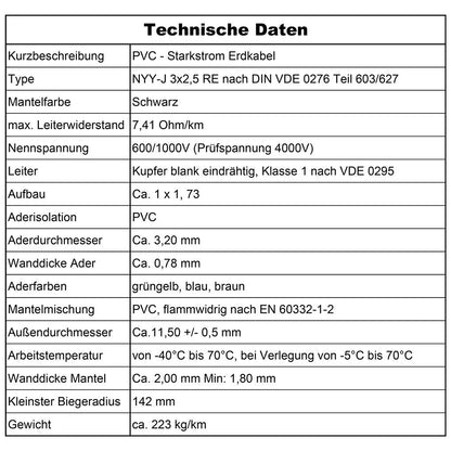 MAS Premium NYY-J 3x2,5 mm² Erdkabel Starkstromkabel - 50m