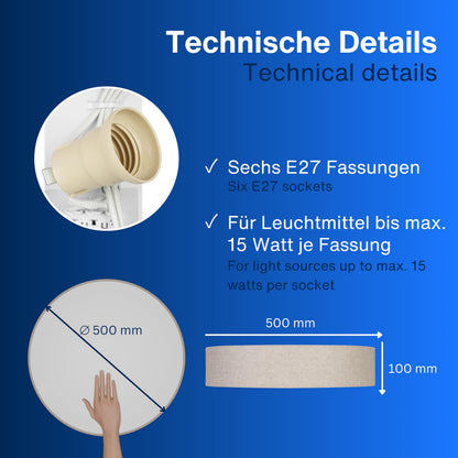 REV LED Deckenleuchte rund 50 cm, Stoffschirm Taupe, 6x E27