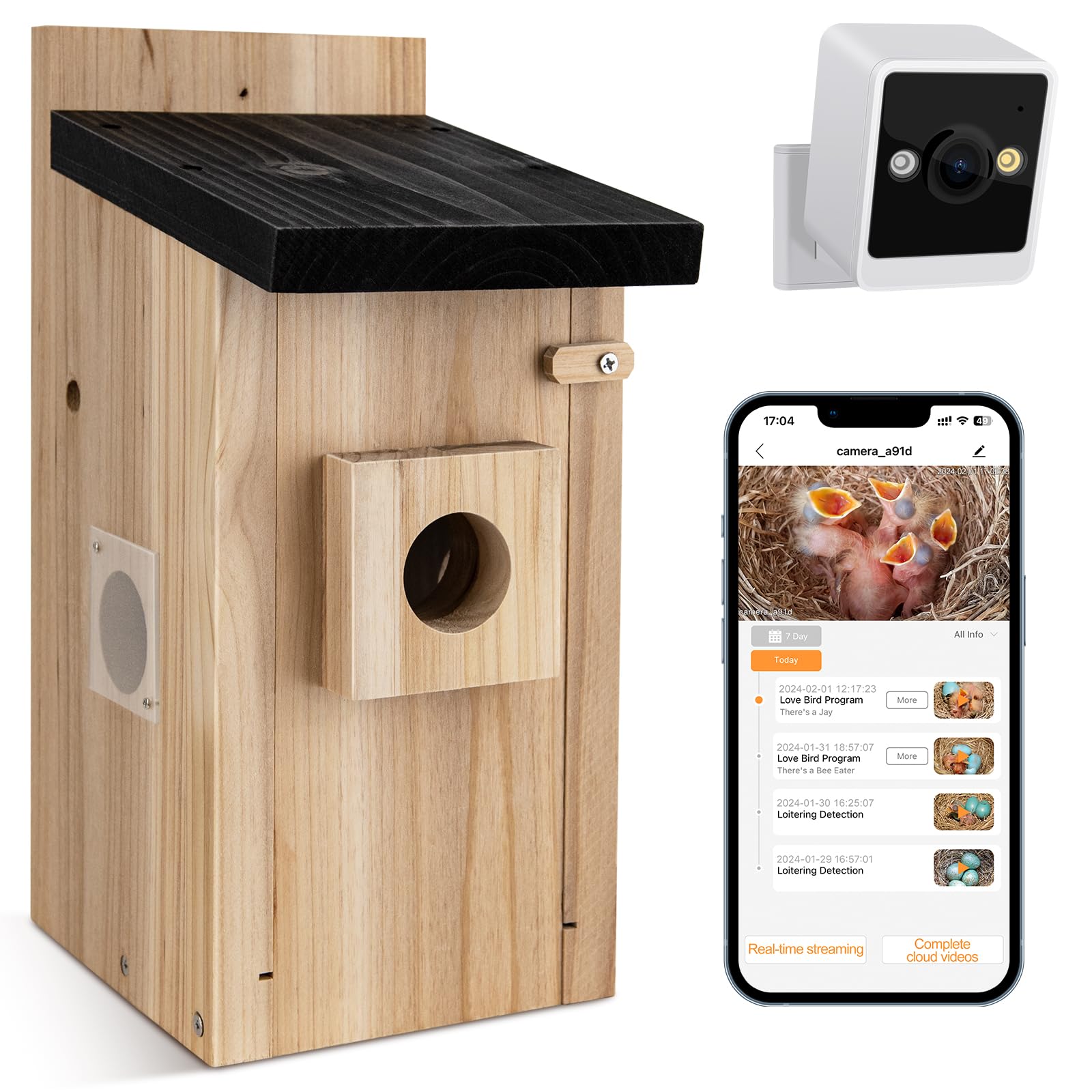 RAINBEAN Nistkasten mit Kamera, 4 MP Vogelhaus aus Zedernholz mit WLAN und drei Einfluglöchern