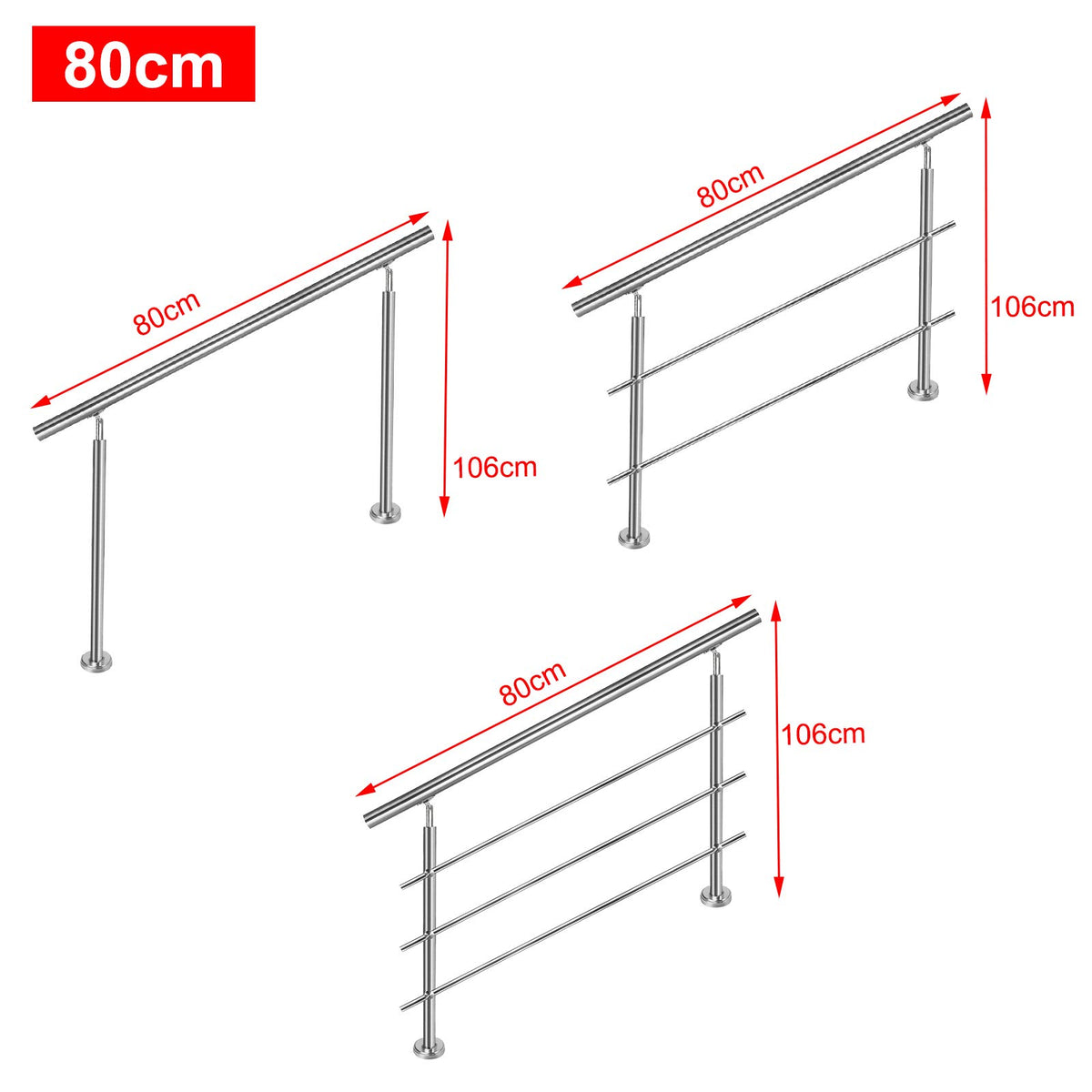 AufuN Edelstahl Handlauf 80 cm Treppengeländer mit 2 Pfosten für Treppen, Brüstung und Balkon