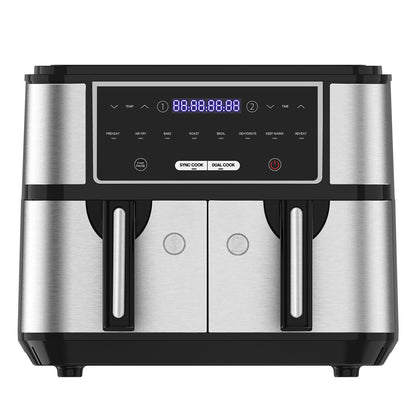 Dual Zone Heissluftfritteuse - Doppelkammer 10L Airfryer mit 2 Körben. Kompaktes Gerät mit zwei Zonen für simultanes Kochen.