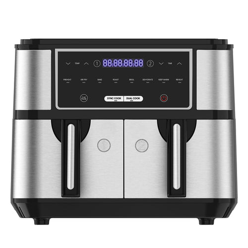 Dual Zone Heissluftfritteuse - Doppelkammer 10L Airfryer mit 2 Körben. Kompaktes Gerät mit zwei Zonen für simultanes Kochen.