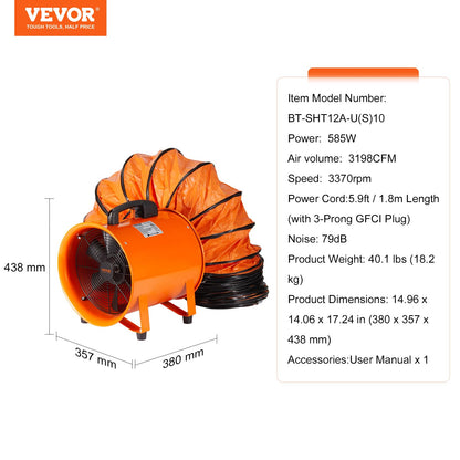 VEVOR Bauventilator 367W Axiallüfter Industrielüfter mit 10m Schlauch