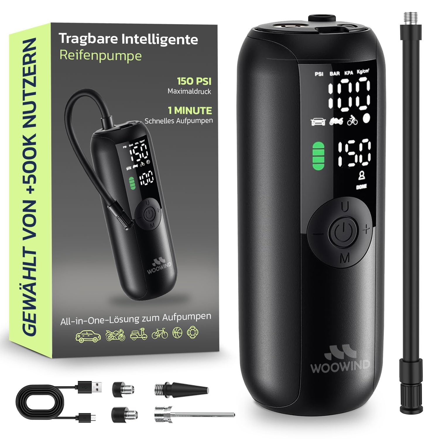 Woowind LP1 Elektrische Luftpumpe, 150 PSI Akku-Kompressor – kompakte kabellose Reifenpumpe mit LCD-Display und LED-Licht