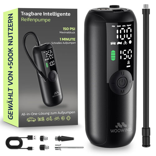 Woowind LP1 Elektrische Luftpumpe, 150 PSI Akku-Kompressor – kompakte kabellose Reifenpumpe mit LCD-Display und LED-Licht